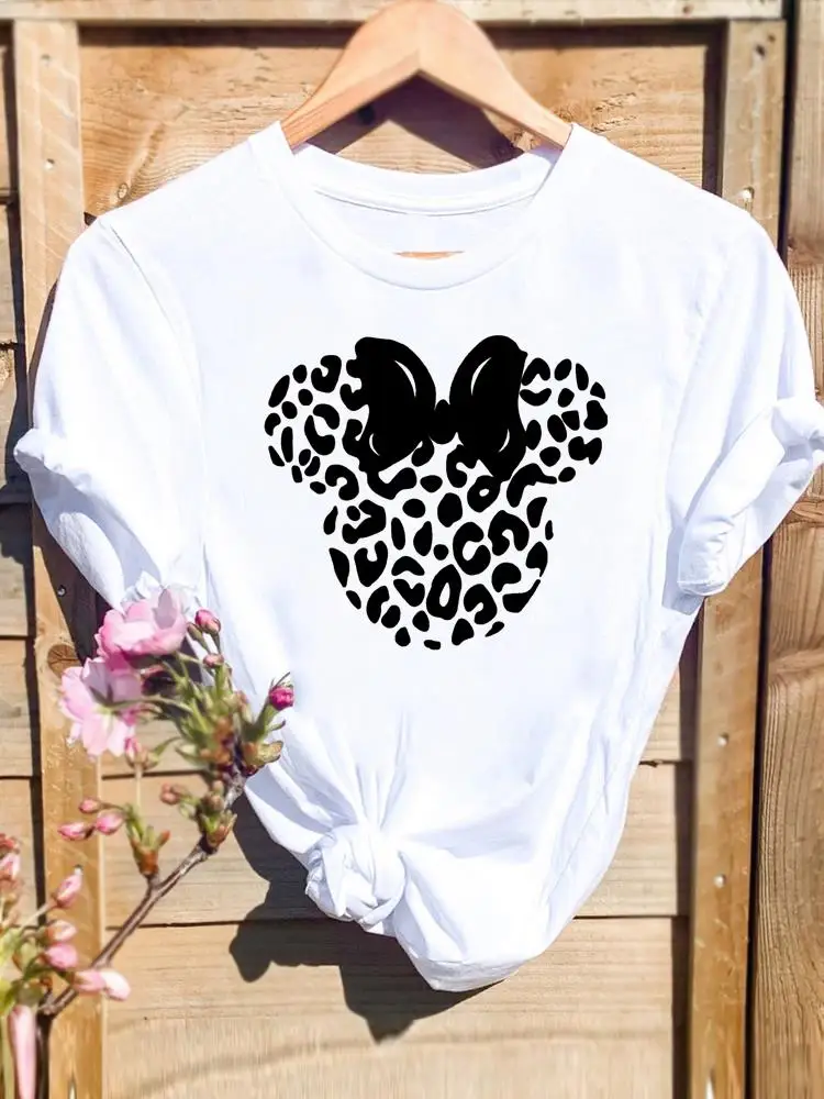 

Disney Short Sleeve Bow Ear Trend Lovely Women Print Clothing Mickey Mouse Casual Tee Shirt Fashion Cartoon Graphic T-shirts