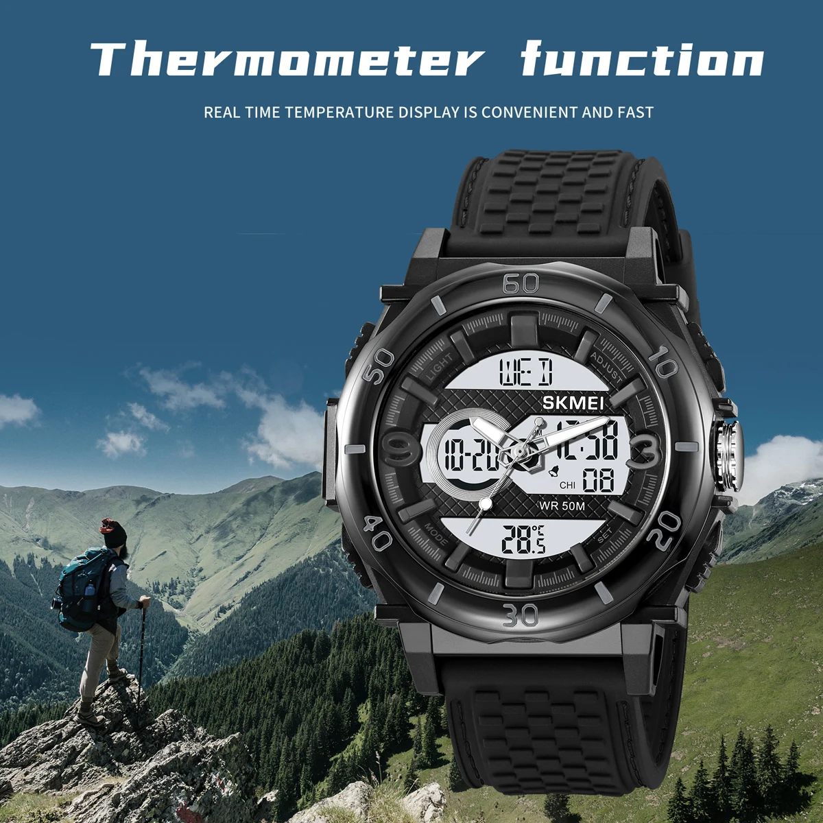 SKMEI Watch Fashion Sports Men's Watches Thermometer Waterproof Chronograph Quartz Digital Wristwatch 3Time Casual Male Clock