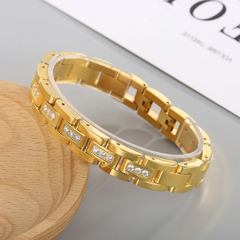Fongten Watchband Chain Women Men Bracelets Rhinestone Stainless Steel Wrist Charm Bangle Bracelet For Men Gold Color Jewelry