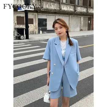 Korean Loose 2 Piece Women Short Set with Blazer Summer 2025 Thin Short-sleeved Blazers + Shorts Casual Office Ladies Suits 2