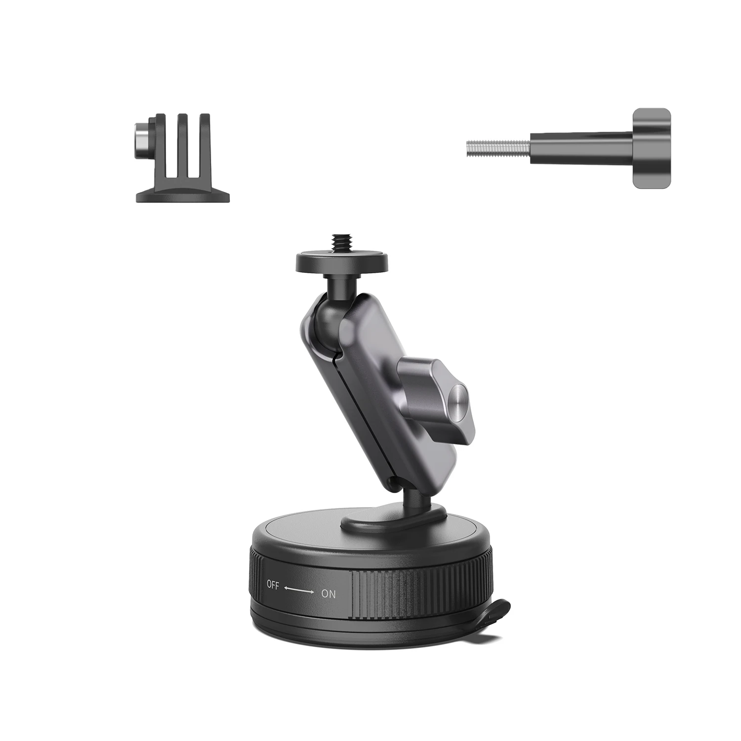 Vue rapprochée de la ventouse du support pour Insta360 X3 X4 X5 GoPro Hero DJI Osmo Action sur pare-brise