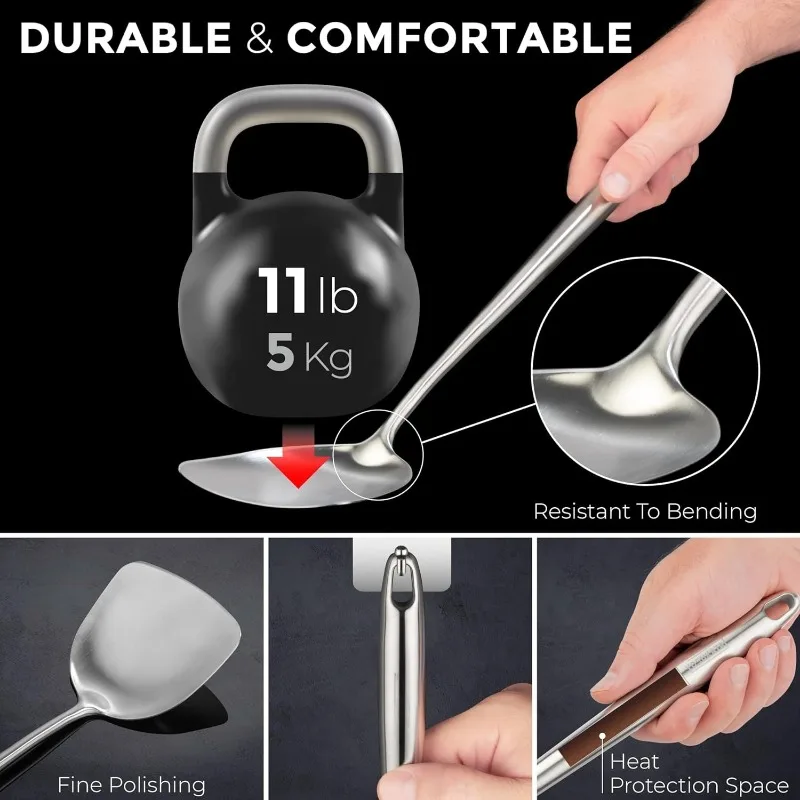 Premium Stainless Steel Kitchen Utensil Set - Wok Spatula, Ladle, Skimmer Spoon, and Slotted Turner