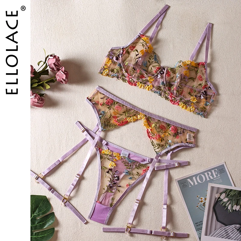 thumbnail image 1 of Ellolace-Lencería Sensual de encaje, bordado transparente, ligas de 3 piezas, hermosos y elegantes kits cortos para el cuidado de la piel, íntimos, 1 of 5