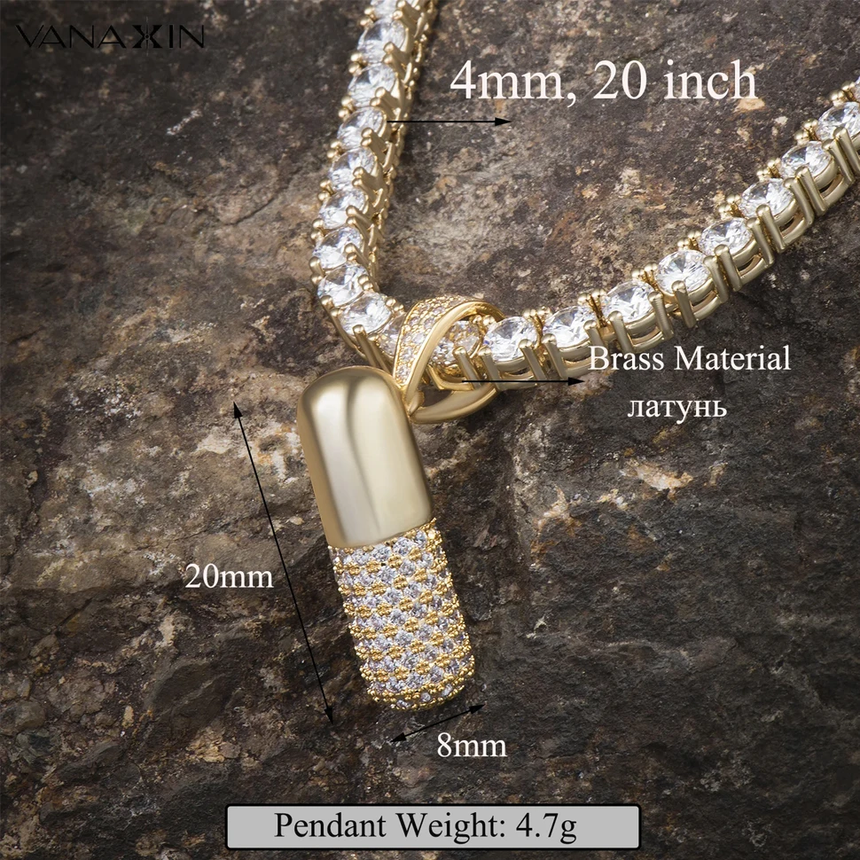 VANAXIN Keepsake Crystal Capsule Pendant Necklace for Men Women Jewelry Hip Hop Pill Chain Charms Tennis Jewels