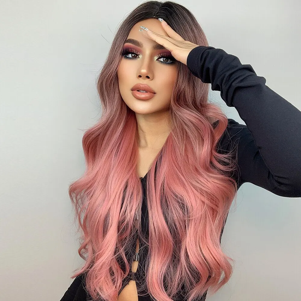 Synthetic Ombre Black Pink Long Body Wave Cosplay Wig