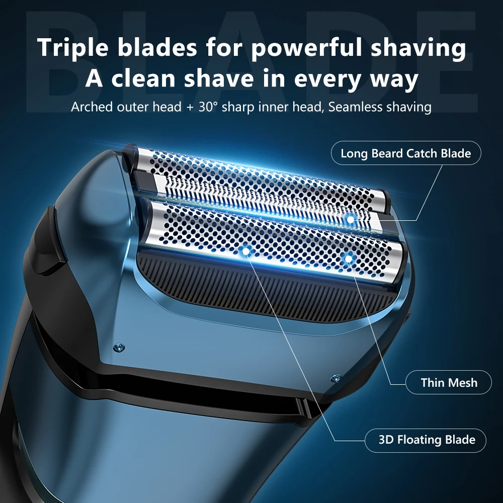 Sejoy FK608 Electric Shaver with Hair Trimmer for Men's Razor Wet & Dry LCD Display 3D Shaving Haircut Machine Blue 3