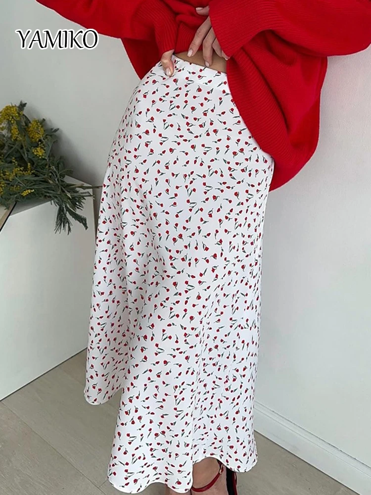 

YAMIKO 2024 Women Elegant A-Line Flower Print Long Skirt White High Waist Summer Skirt Femme Faldas Jupe Saia Summer Maxi Skirt