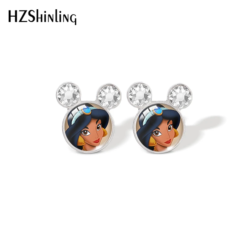 pendientes con diseño dibujos animados para mujer, aretes diseño de Aladdín, Jasmine, Jafar, Mickey, cabujón de cristal, joyería|Aretes| - AliExpress