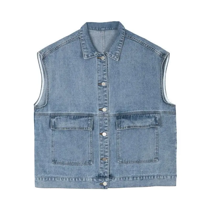 Women All-match Stylish Simple Denim Jackets Vests High Street Summer Chic Ladies Cargo Basic Sleeveless Pocket Outerwear Female