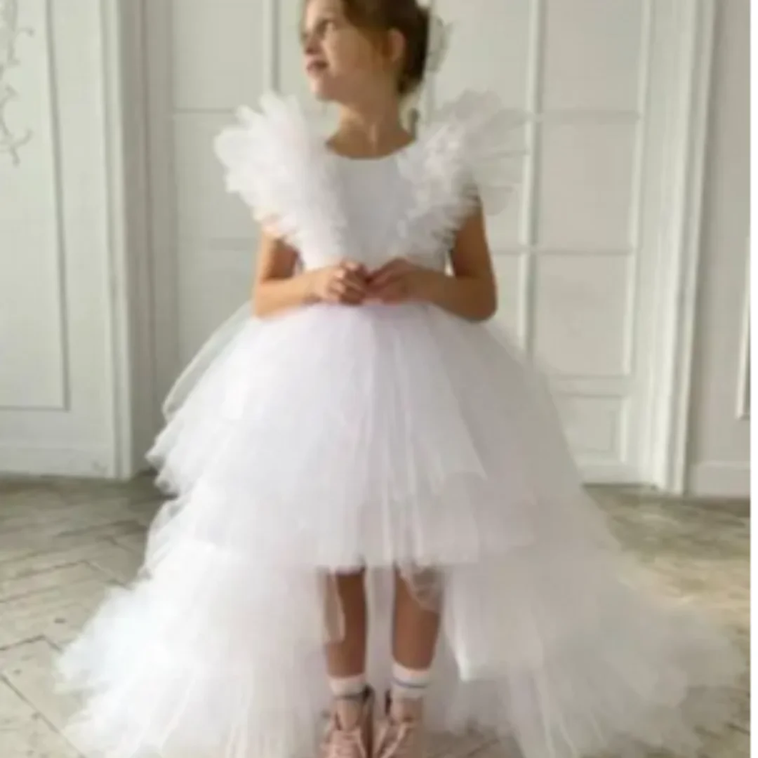 Tiered Tulle Flower Girl Dresses Ball Gown Feathers Back Bow Puffy Holy Communion Pageant Gowns for Kids