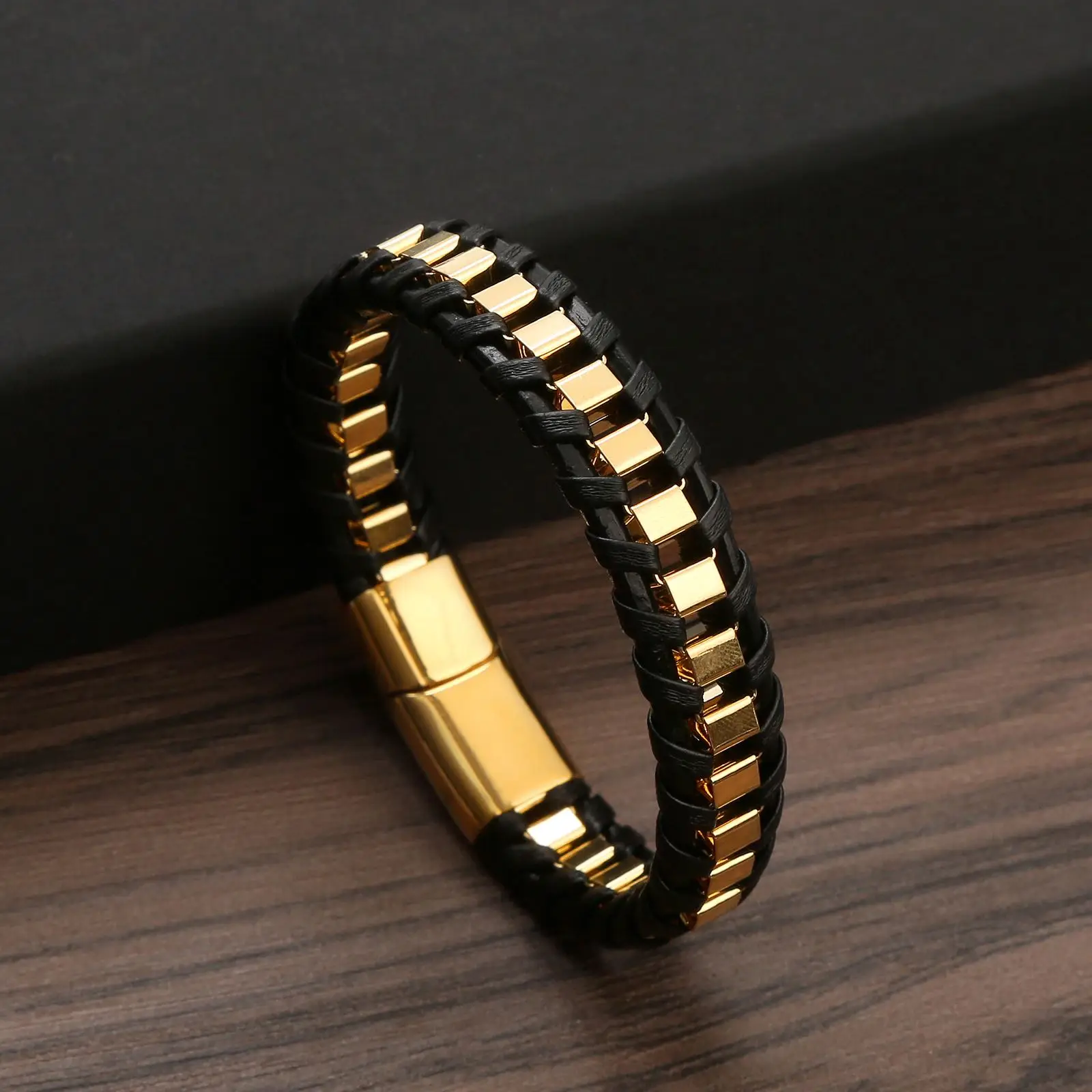Classic Hand Woven Stainless Steel Leather Bracelets For Men Gold Black Color Charming Jewelry Punk Hip-Hop Bracelets Gift - Image 2