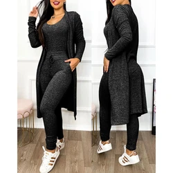 2023 Women U-Neck Drawstring Pocket Design Sleeveless Jumpsuit With Long Sleeve Coat Set Casual Fashion Femme Skinny Jumpsuit