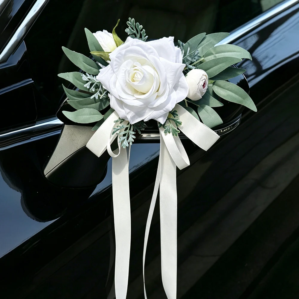 Weiße Rosen Rustikale Hochzeitsauto-Dekoration, Mit Künstlichen Eukalyptusblättern und Elfenbeinfarbenem Satinband, für Hochzeitsstuhl-Dekoration