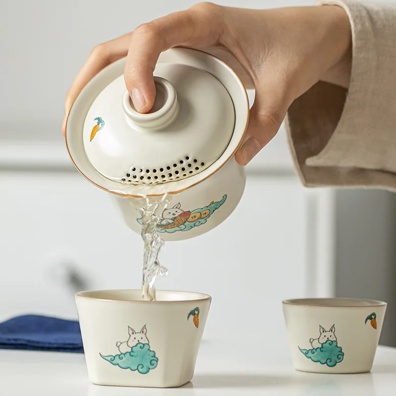 Portable Tea Set with Cover Bowl, Quick Cup, Travel Tea Set, Business partner Gift, One Pot, 3 Cup, Storage Bag