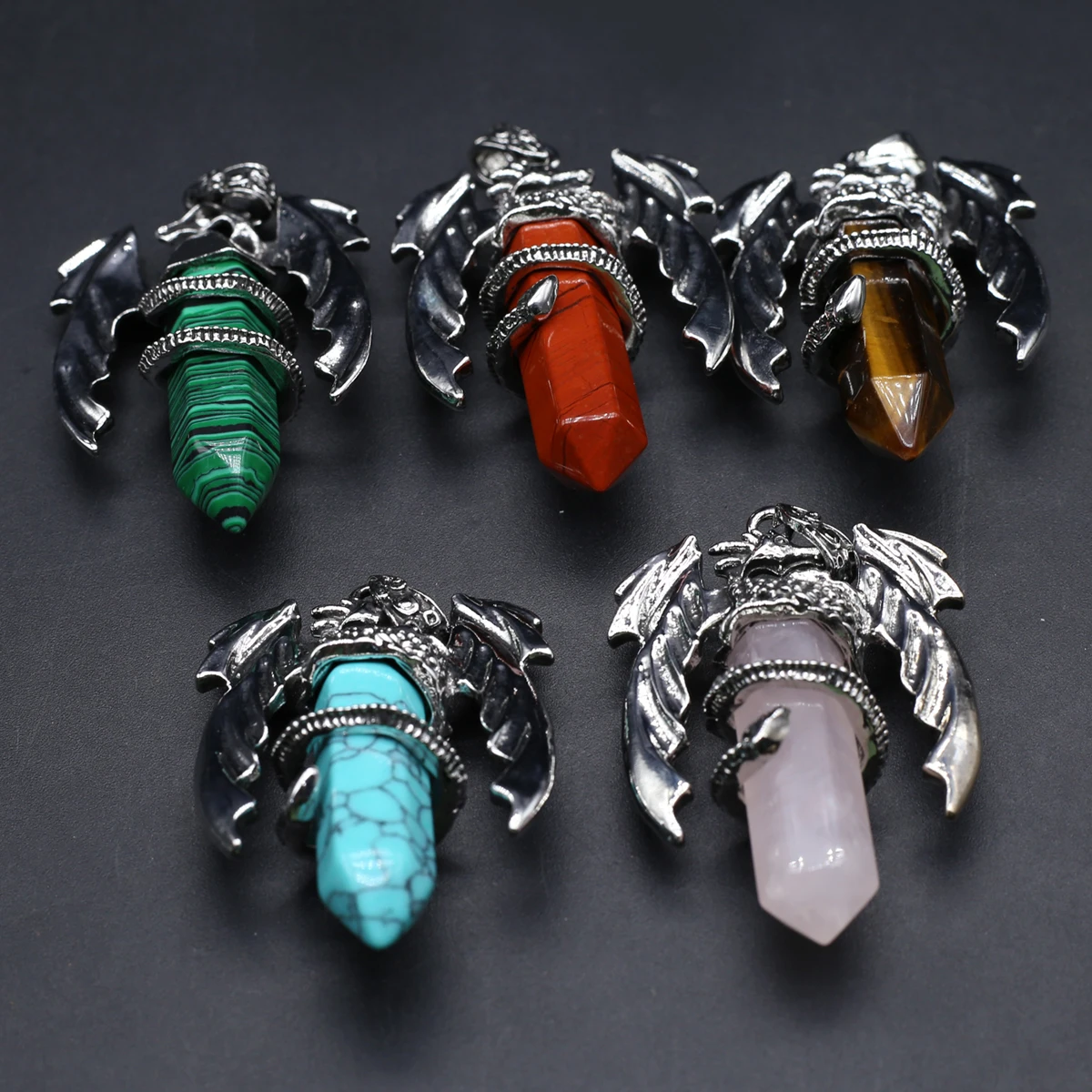 6PCS Natural Semiprecious Stone Flying Dragon Hexagonal Pillar Spiritual Healing Crystal Pendant Jewelry Accessories Punk Style