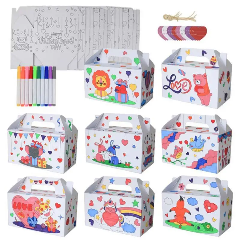 

DIY handmade Valentine's Day Treat Boxes Coloring Animal Candy Box Cute Party Favors with Tags Ropes Markers Cartoon Candy Box
