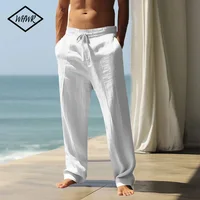 Men's Cotton Linen Long Pants Summer Solid Color Male Casual Elastic Waist Casual Pants Harajuku Trous Breathable Linen Trousers