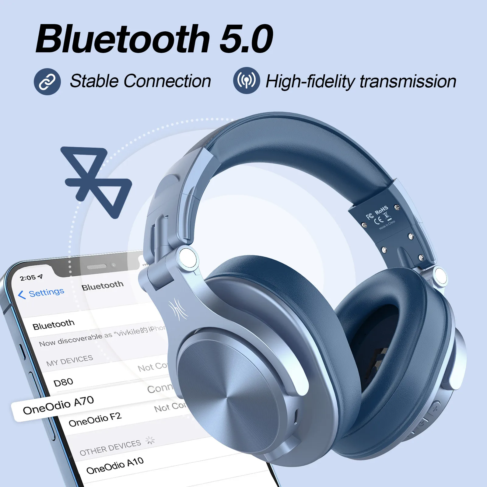 Oneodio A70 Bluetooth Wireless Headphones Over Ear 72 Hrs Hi-Res Audio Type C Bluetooth Headset For Phone PC Sports