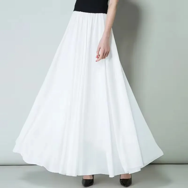 Women Summer Chiffon Dance Skirts Plus Size Full-Length Skirt High Waist Elegant Pink Black Red Royal Blue White Long Skirts 1