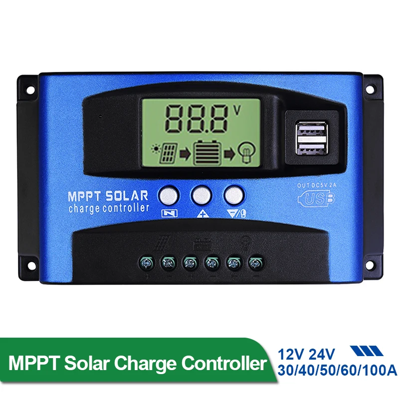 MPPT Solar Charge Controller 30A 40A 50A 60A 100A Dual USB LCD Display 12V 24V Solar Cell Panel Charger Regulator with Load