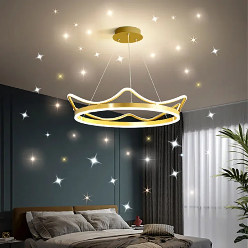 

Modern LED Strip Crown Shape Ring Chandelier Gold Pink Stainless Steel Pendant Light for Baby Kids Bedroom Ceiling Lamp