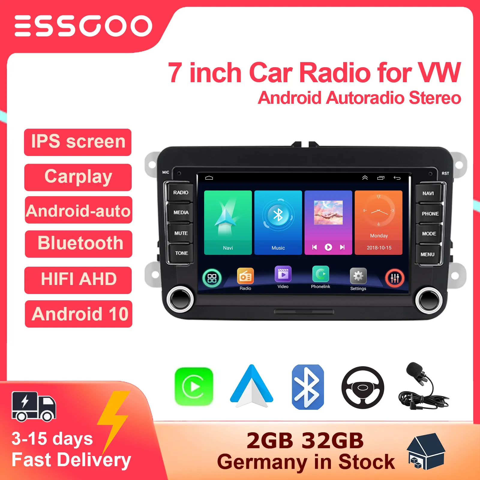 7 Android 10 Radio Estereo De Pantalla Para Coche Carro Doble Din  Bluetooth GPS