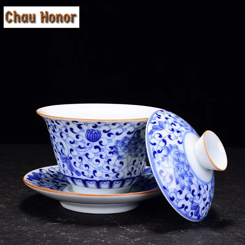180ml Retro Blue And White Porcelain Sancai Gaiwan Teacup Ceramic Tea Bowl Chinese Porcelain Kung Fu Teaware Gifts Drinkware