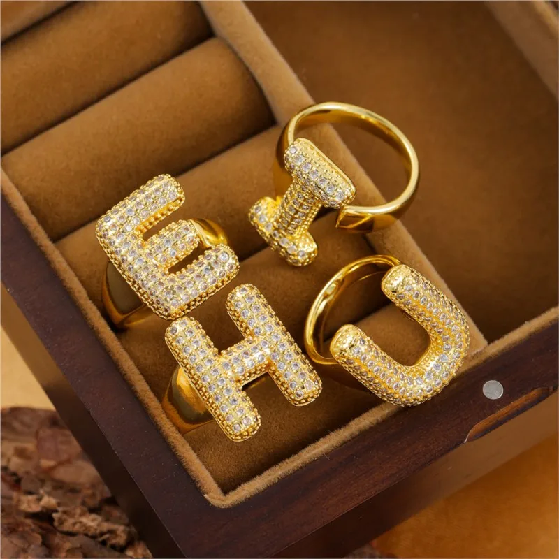 14K Gold Color A To Z Letters Shape Zircon Rings for Women Elegant Fashion Adjustable Ring Jewelry Gifts