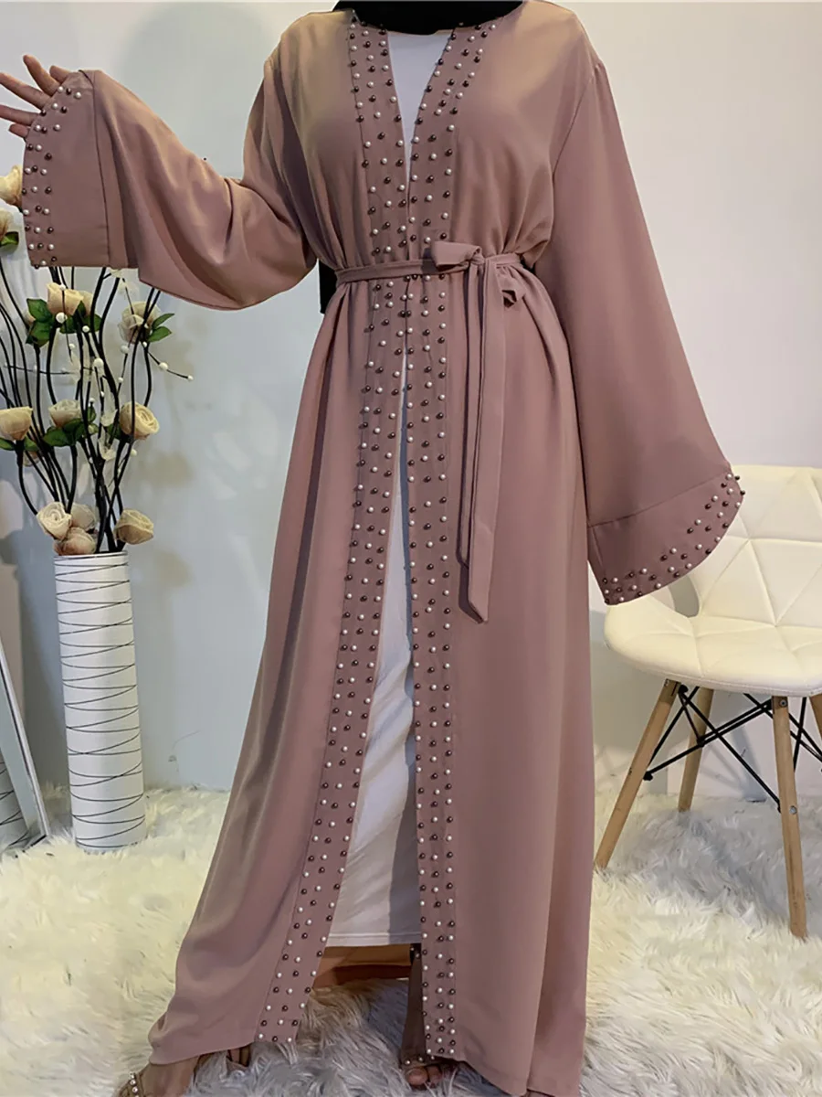 Middle East Eid Muslim Fashion Pearls Kimono Modest Elegant Cardigan Dubai Abaya For Women Kaftan Arab Turkey Islamic Clothing