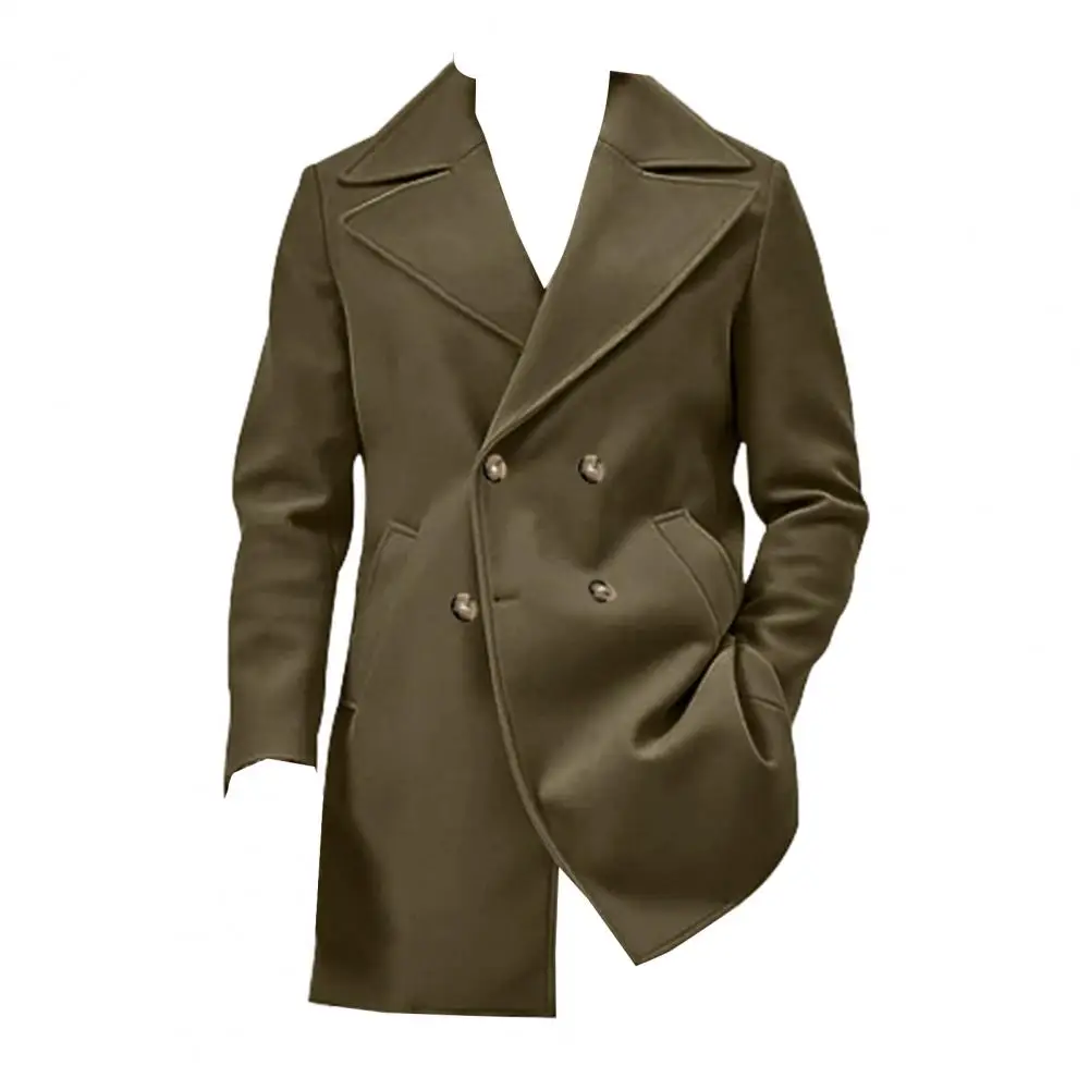 Men Thick Overcoat Double-breasted Mid Length Men's Winter Overcoat with Warm Pockets Turn-down Collar in Solid Color for Fall