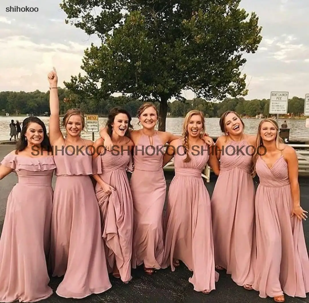 Long Dusty Pink Multi Style Chiffon Bridesmaid Dresses with Pockets Pleated Floor Length Corset Back Robes de Soir&eacute;e for Women