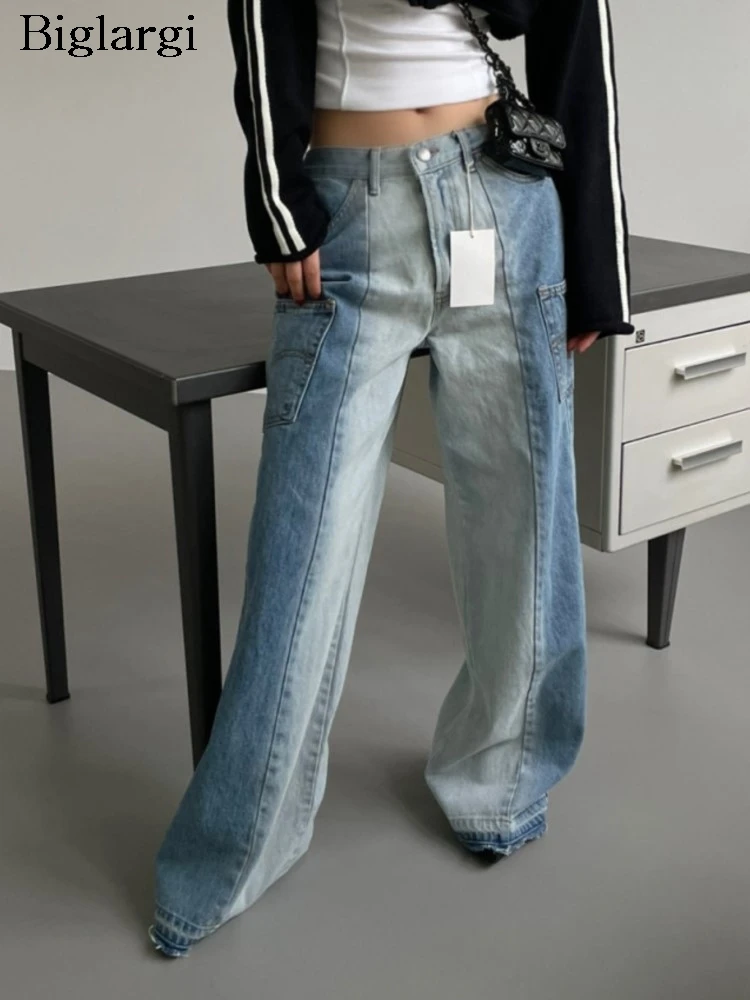 

Джинсы женские с широкими штанинами, длинные модные брюки в стиле ретро, Свободные плиссированные штаны в Корейском стиле, в стиле пэчворк, весна-лето