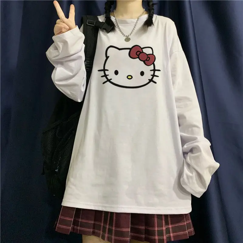 

Kawaii Sanrio Anime Hobby Hello Kitty Cartoon Print Short-Sleeved T-Shirt Autumn Girls Loose Round Neck Pure Cotton Top