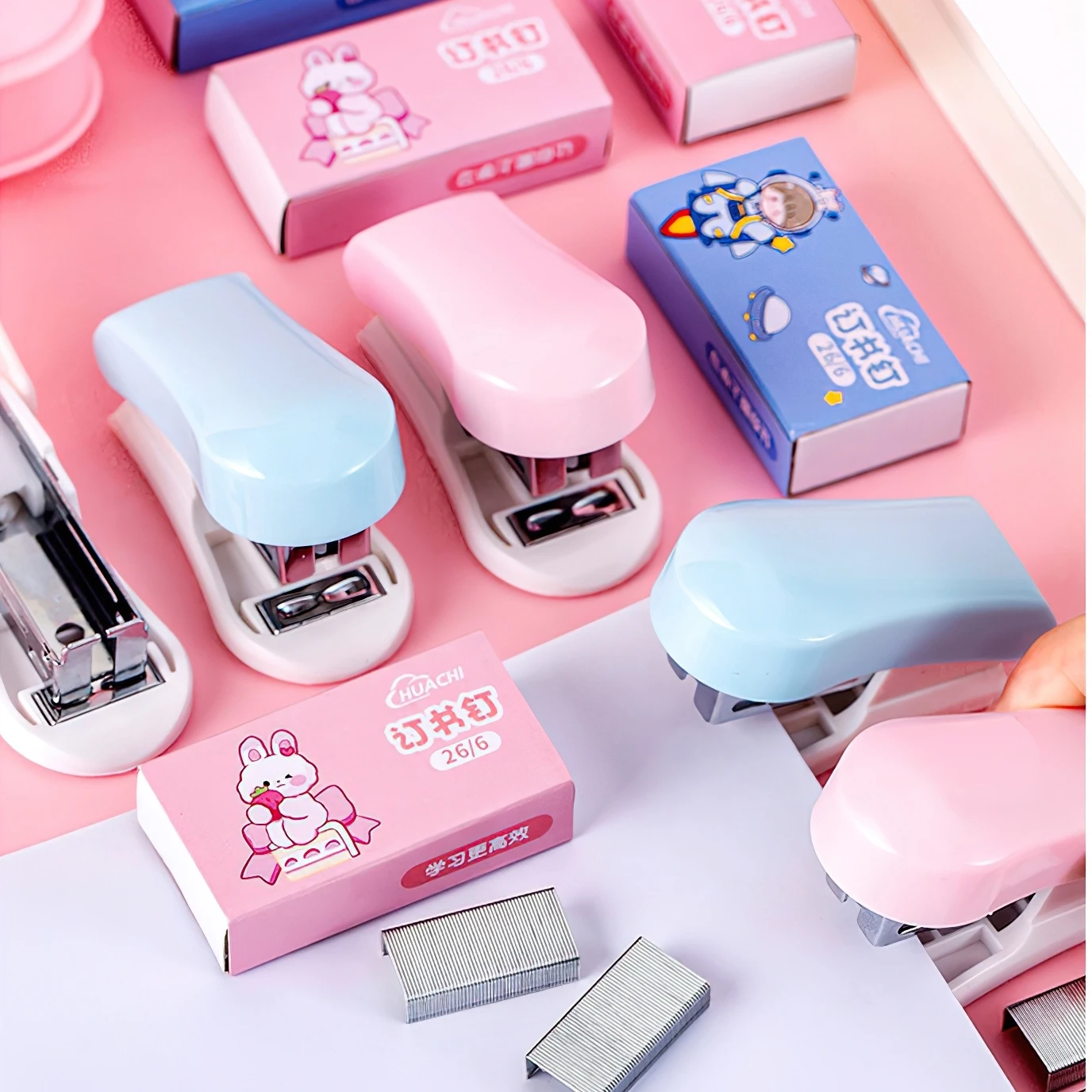 1 Set Macaron Color Mini Staplers, include 1000pcs Staples and Remover Tail, Labor-Saving Lightweight Metal Binding Tools F7884