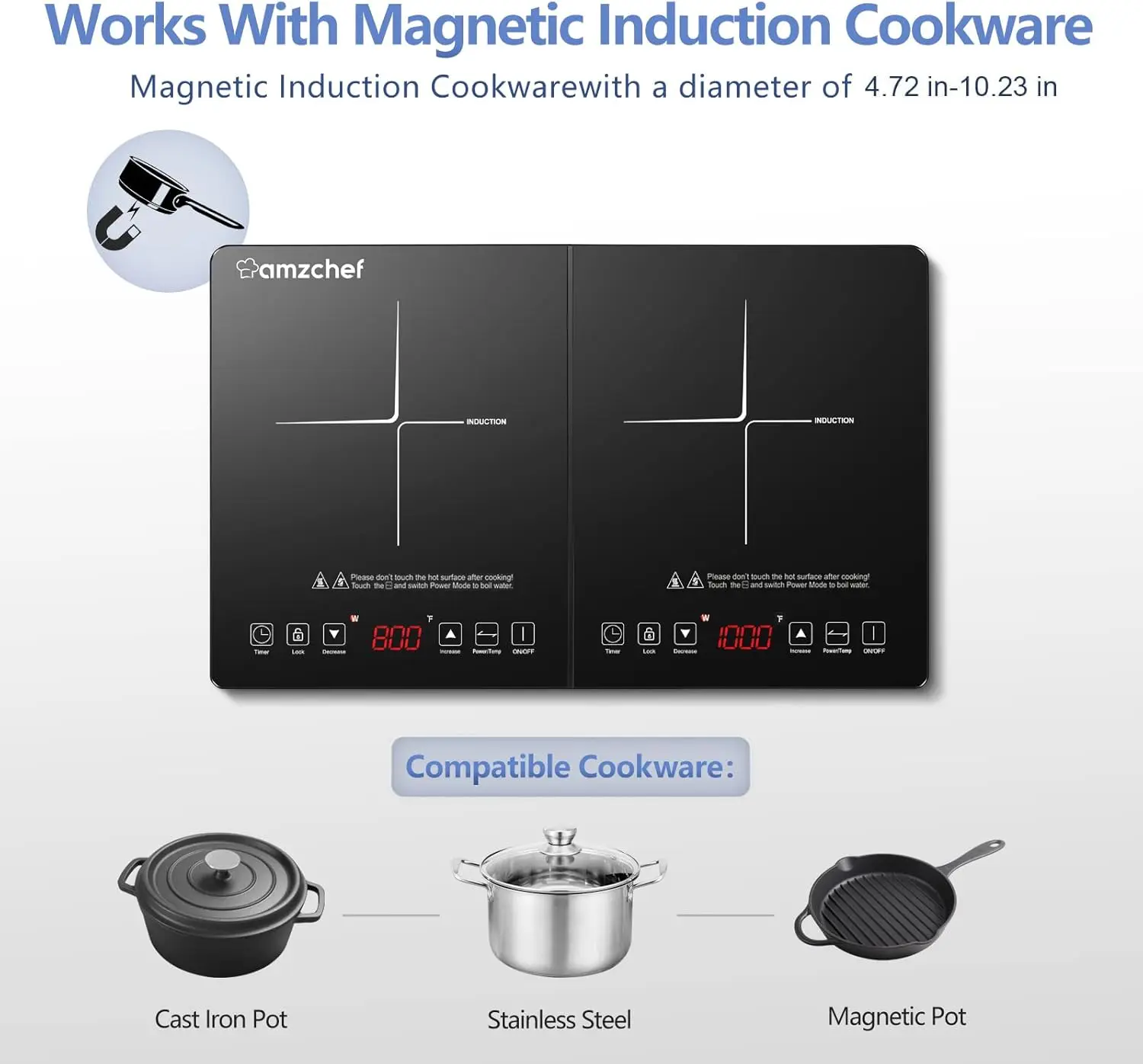Induction Cooktop AMZCHEF Induction Cooker 2 Burners, Low Noise Electric Cooktops With 1800W Sensor Touch, 10 Temperature & Powe