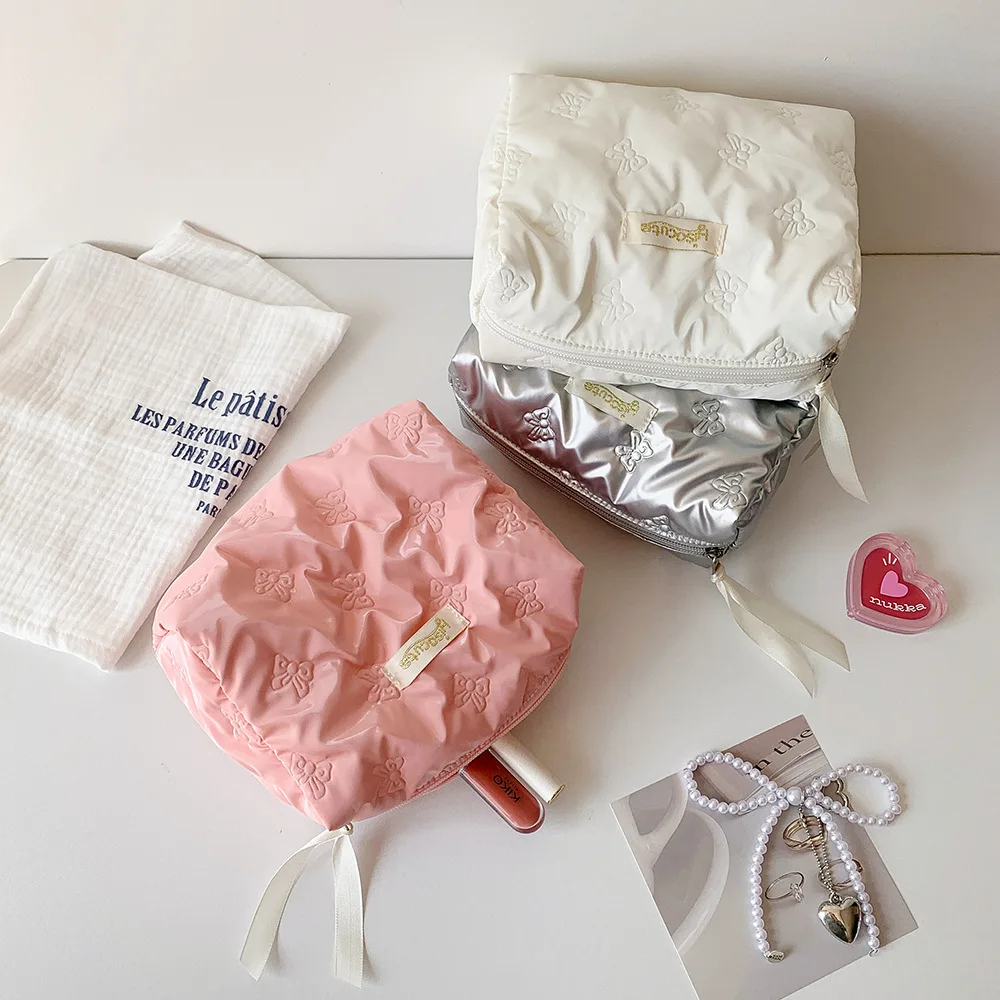 Portable Bow Cosmetic Bag Large Capacity Skincare Organizer Bag Student Travel Toiletries Storage Bag Makeup Accessory