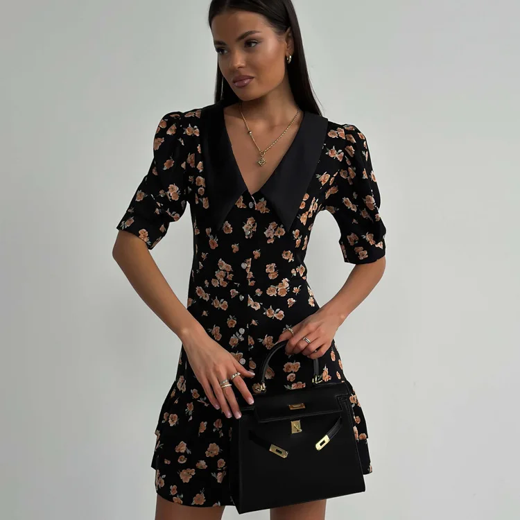 Printed Ruffled V-Neck Mini Dress Female Short Sleeve Fashion Slim High Waist Elegant Party Dress Women's Summer Dress New