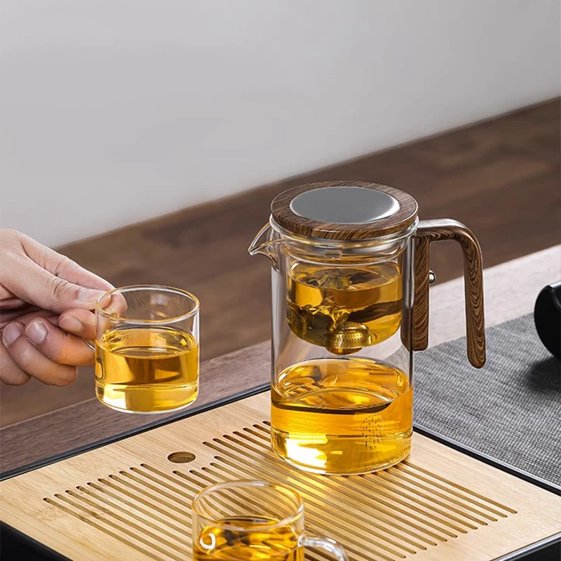 520ML Glass Teapot Home One-Button Tea Water Separation Filter Tea Pot Natural Bamboo Drain Tray Kung Fu Set tea filter bags