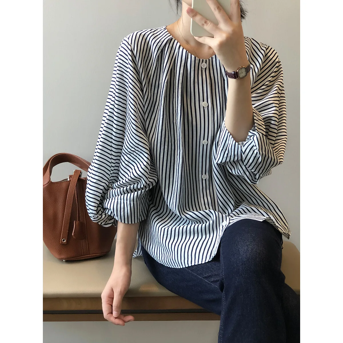 

Spring Loose Striped Shirts for Woman 7Z Summer O-neck Office Lady Batwing Sleeve Blouse