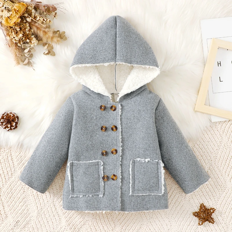 0-3Y Baby Outerwear Boys Girls Fall Winter Clothes Toddler Long Sleeve Double Breasted Hooded Coat Kids Fleece Jackets