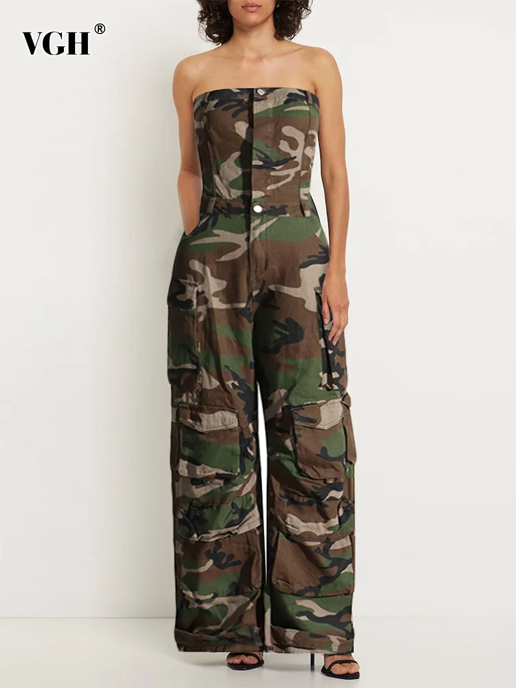 VGH Camouflage Loose Cargo Jumpsuits For Women Strapless Sleeveless High Waist Patchwork Pockets Streetwear Jumpsuit Female New