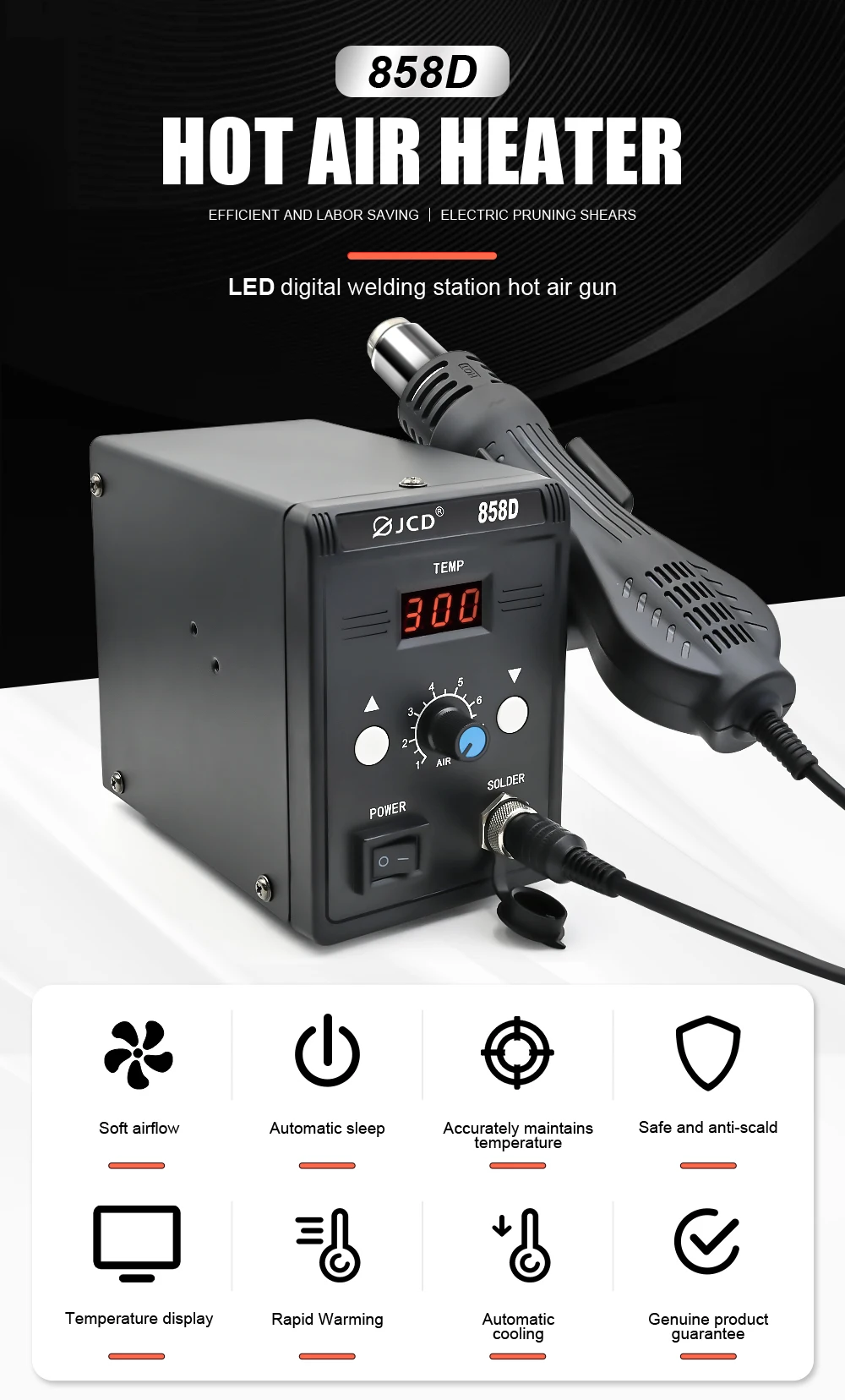 JCD 858D 700W Hot Air Gun 110V/220V Station Digital Soldering Iron BGA Rework Station Heat Gun Welding Machine Repair Tools jcd 80w electric soldering iron kits lcd digital display adjustable temperature 220v 110v solder station welding repairtool 908s