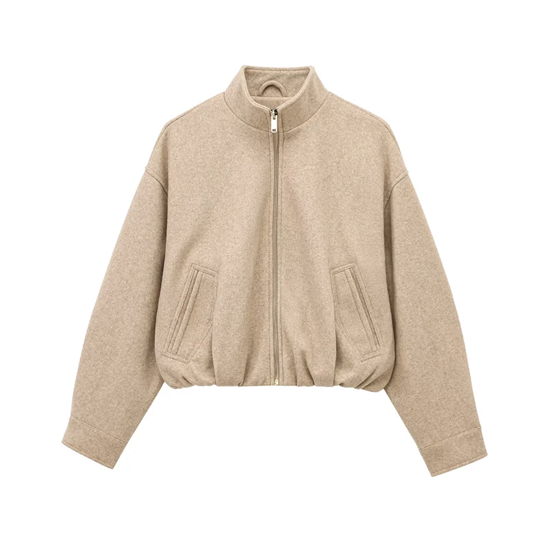 Vintage Women's Khaki Bomber Jacket Stand Collar Zipper Pocket Long Sleeve Short Coats Female 2025 Spring Thick Warm Outwear New