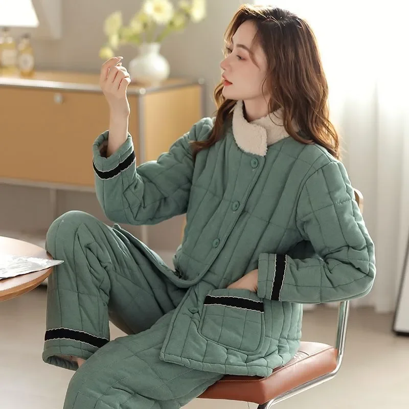 Winter New Women Pajamas Female Three-layer Cotton Loungewear Warm Plush Thickening Sleepwear Loose Solid Color Homewear Set