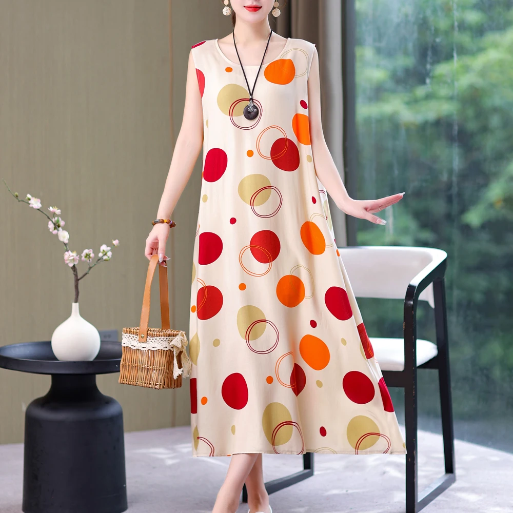 TrendAura Breathable Cotton Summer Dress Print Vintage Inspired Round Neck In Warm Brown For Women