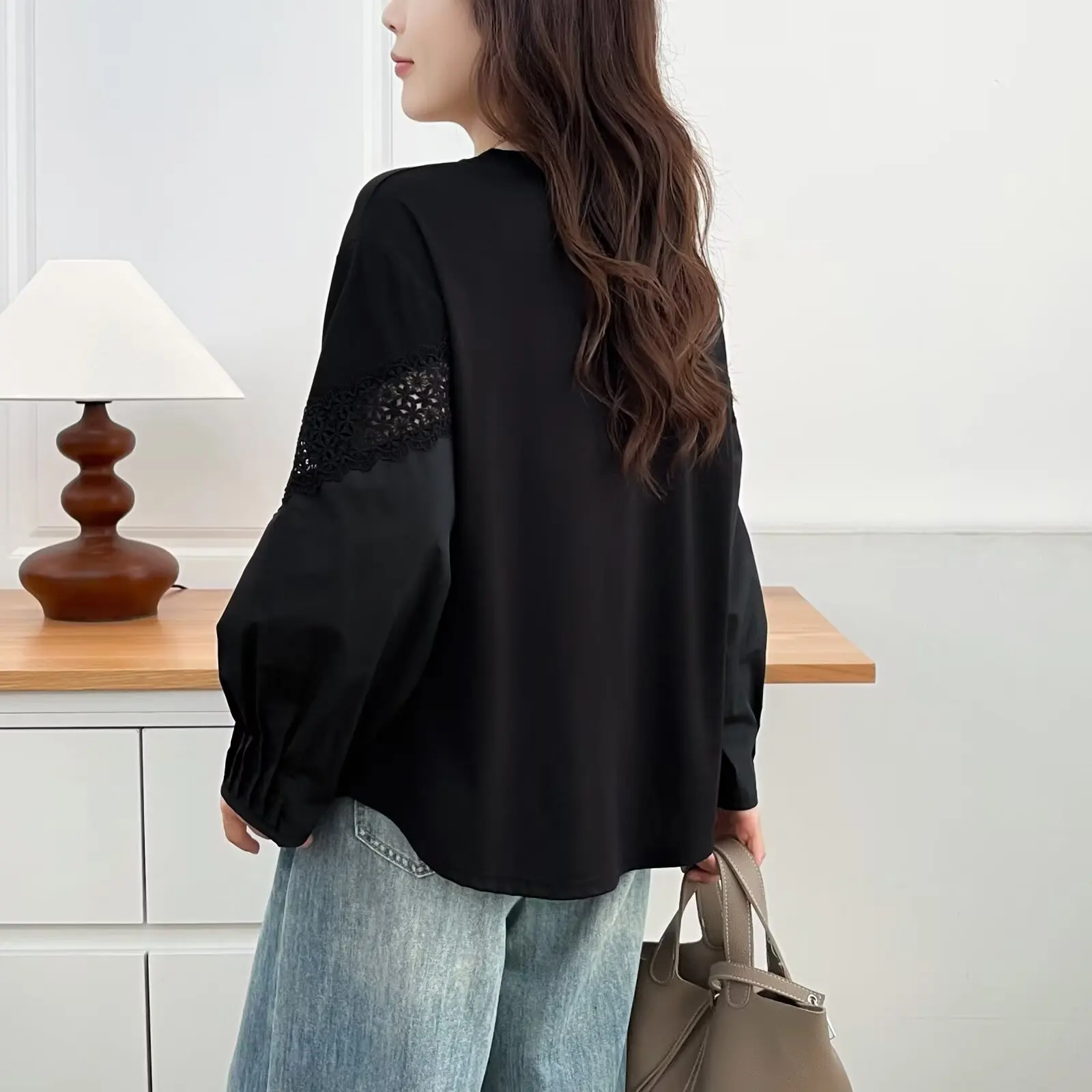 Fashion Plus Size Women's Tops For The Autumn 2025 Lace Patchwork Long Sleeve Stylish Ponte De Roma Knit Fabric T-Shirt 953