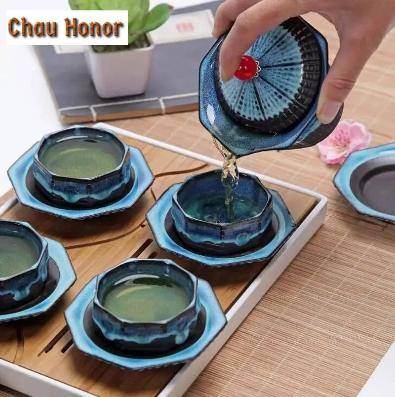 Temmoku Glaze Octagonal Pagoda Tea Set Complete Set Handmade Tea Ceremony Set Tea Maker Teapot and Tea Cup Set Tableware Craft
