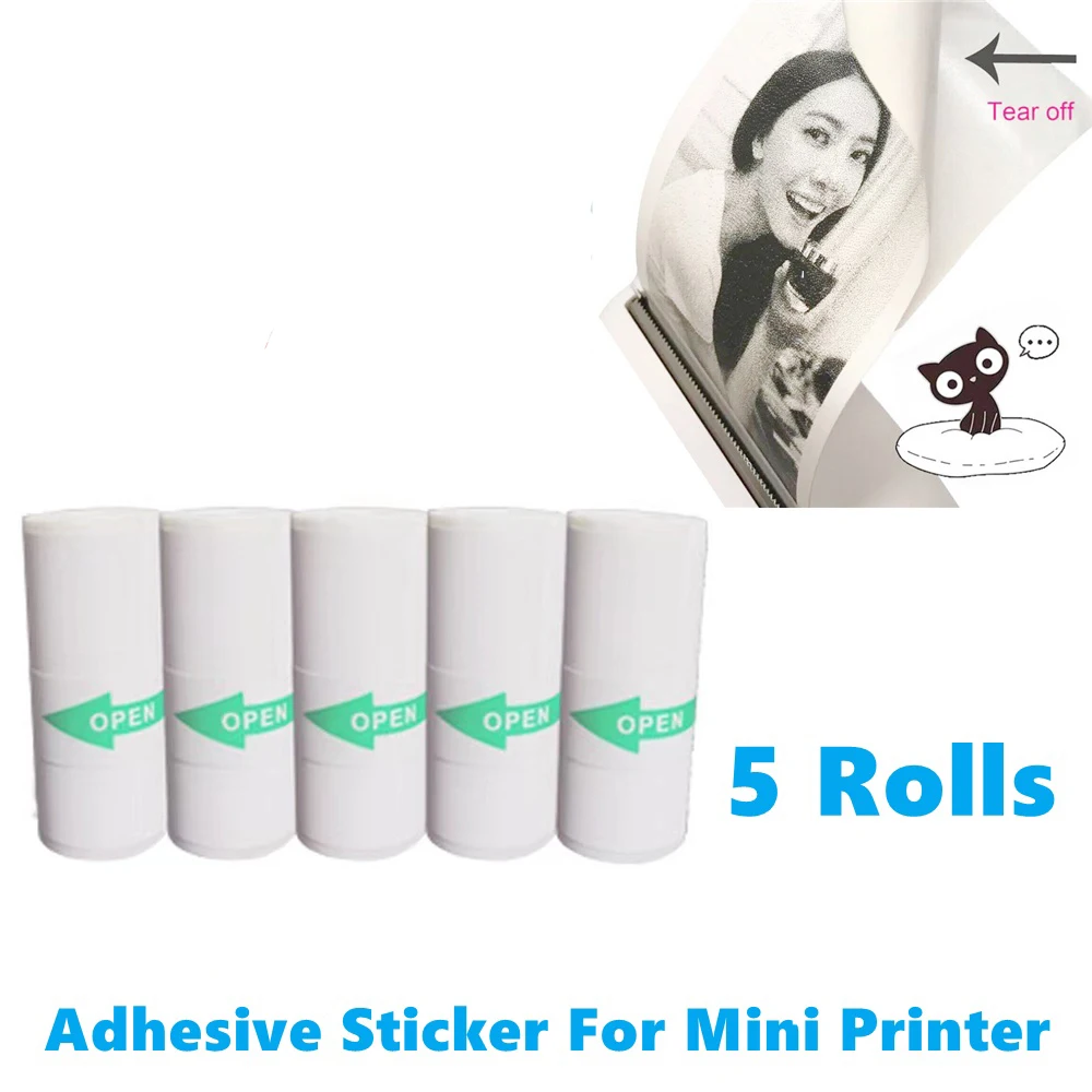 Mini Printer Paper 57mm Width Color White Continuous Paper Self-Adhesive Transparent Sticker Rolls for Portable HD Photo Printer