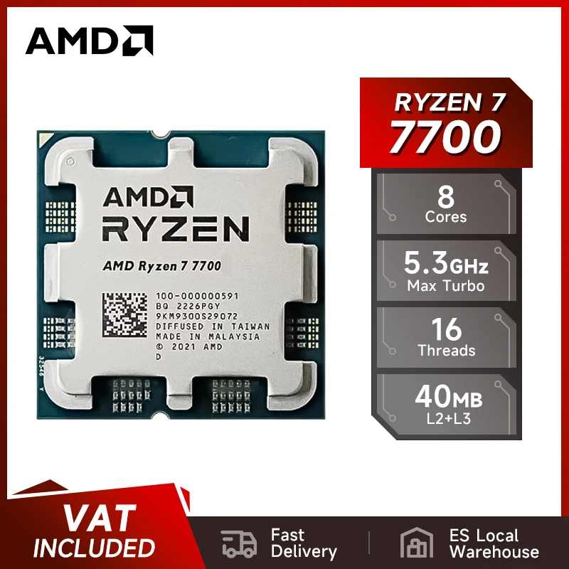 AMD Ryzen 7 7700 100% nuevo CPU de juego hasta 5,3 GHz 8 núcleos 16 hilos Socket AM5 procesador de computadora de escritorio para PC Gamer