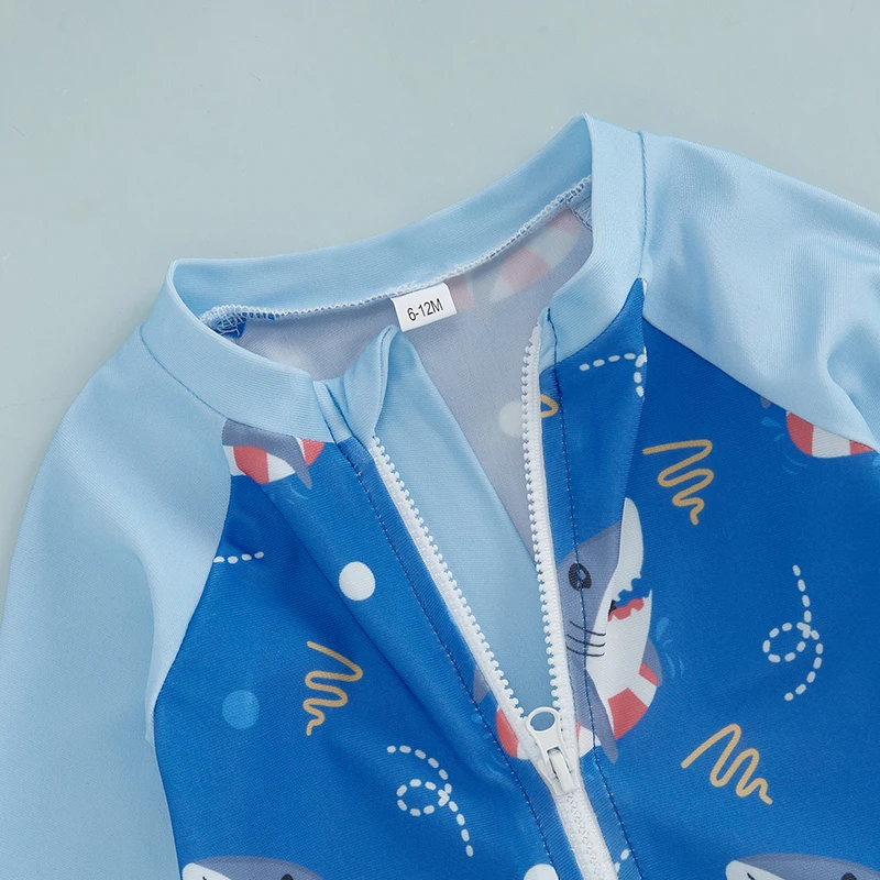Tregren Toddler Boy Long Sleeve Swimsuit Cartoon Shark Print Half Zipper Rash Guard Swimwear with Sunhat Kids Beach Bathing Suit